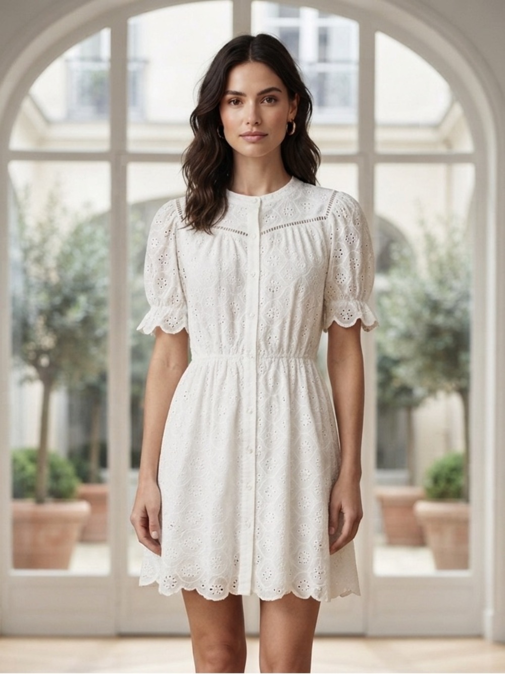 NWT ba&sh Beky White Eyelet Mini Dress Cotton Embroidered Boho Puff Sleeve Small